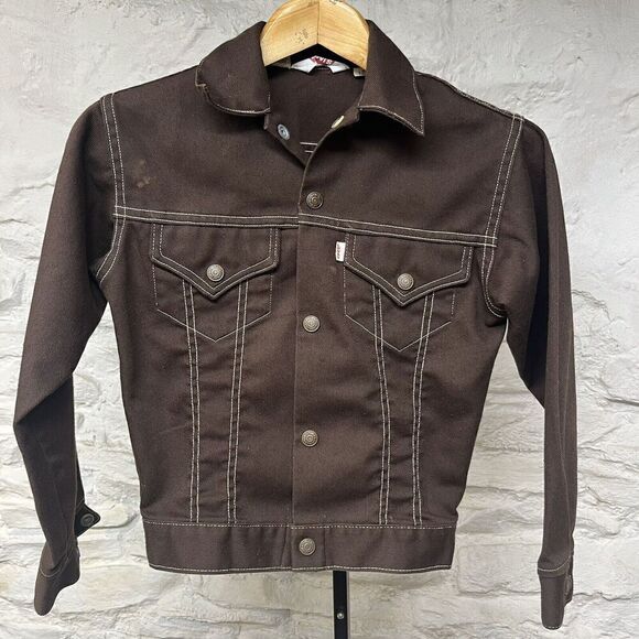Vintage 70s Levis Kids Youth Brown Jacket Trucker Denim Distressed Size 12 - Picture 1 of 10